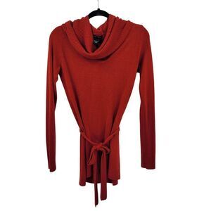 New York & Company Red Long-Sleeve Cowl‎ Neck Sweater Tunic Dress L Tie Waist